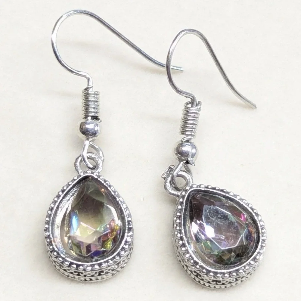 Teardrop Dangle Earrings Silver Tone Iridescent Boho Filigree Tear Drop Mystical
